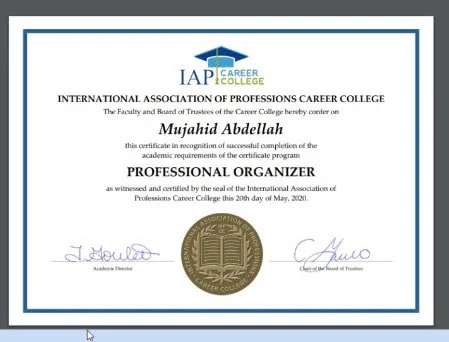 IAP Career College Professional Organizer certificate awarded to Mujahid Abdellah