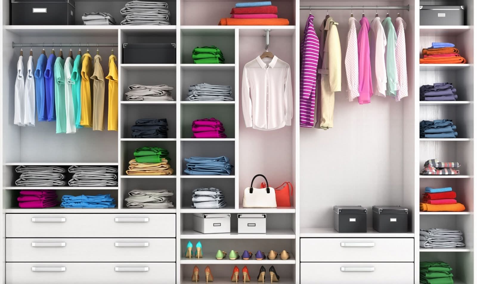 Organized closet with color-coded clothing, folded items, and labeled storage